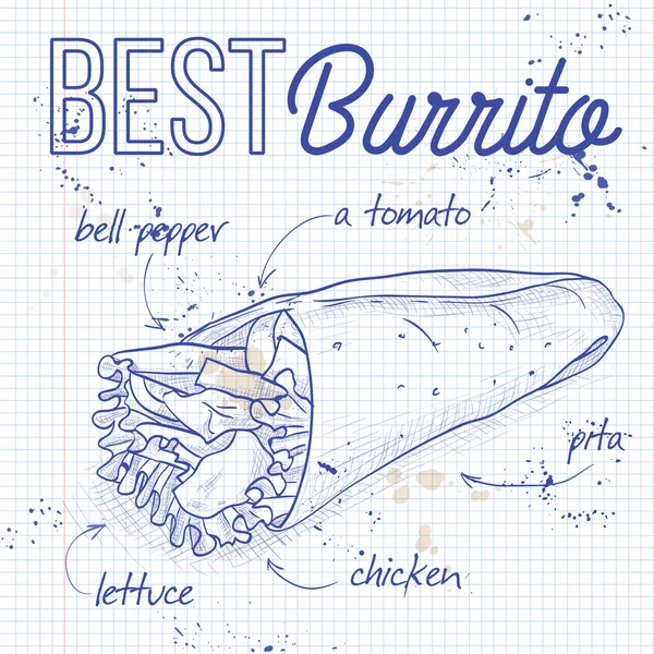 Ricetta burrito su una pagina di taccuino — Vettoriale Stock