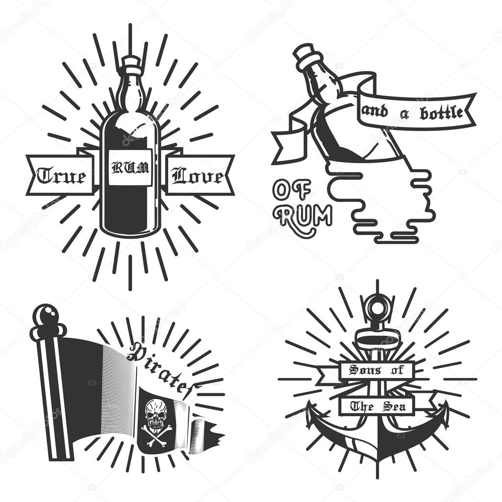 Set of vintage hand drawn pirates designed emblems, labels, logos and designed elements. Isolated with a scratched background. Doodle style. Proverbs. Layered.