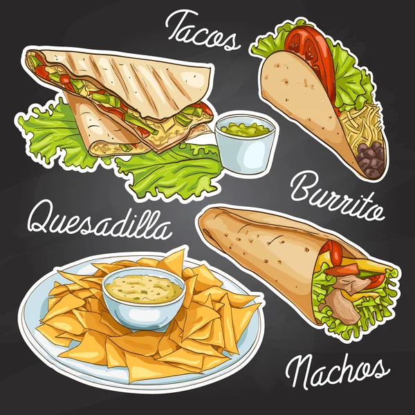 Meksykańskie jedzenie na czarnej tablicy — Wektor stockowy