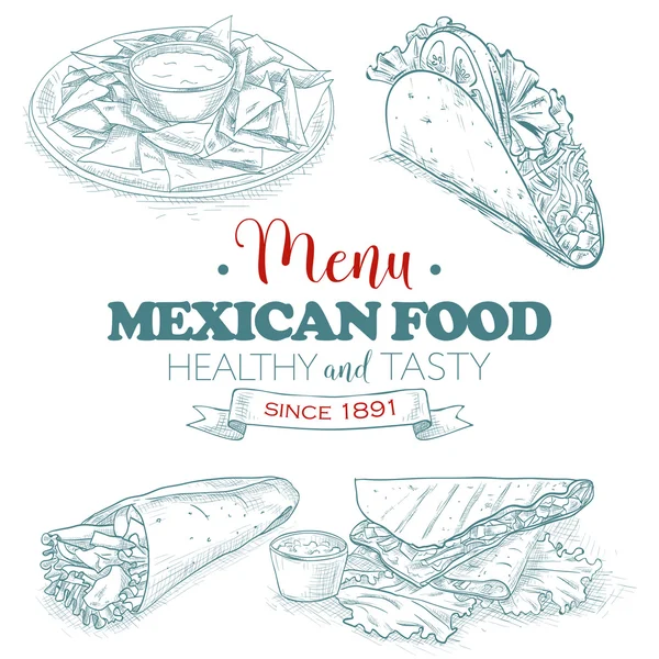 Scetch mexican menu makanan - Stok Vektor