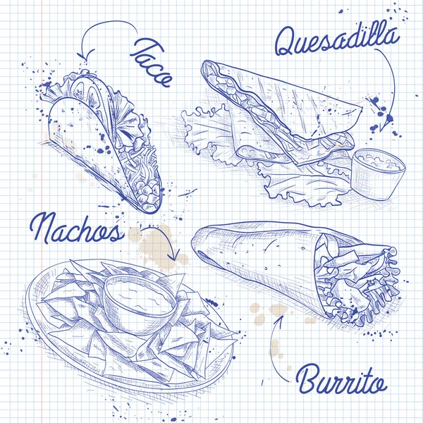 Skisser av mexikansk mat på en notebook sida — Stock vektor