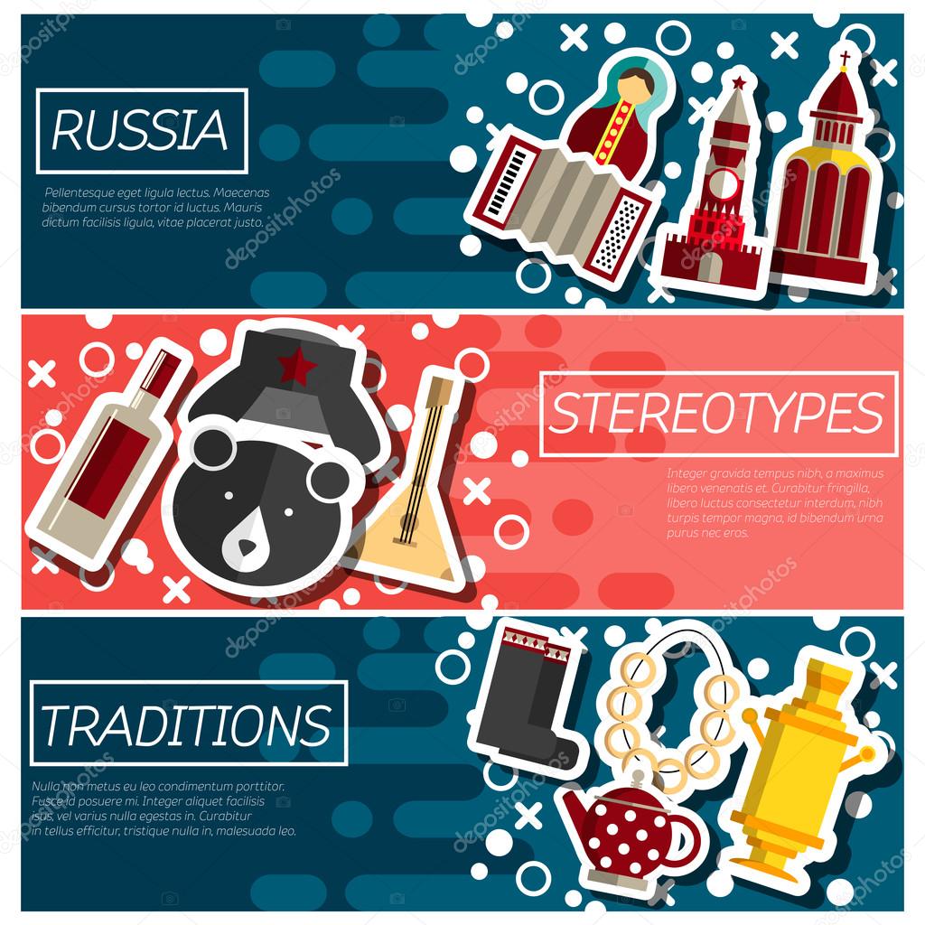 Set of Horizontal Banners about Russia. Russian symbols, travel Russia, Russian traditions. Vector illustration.