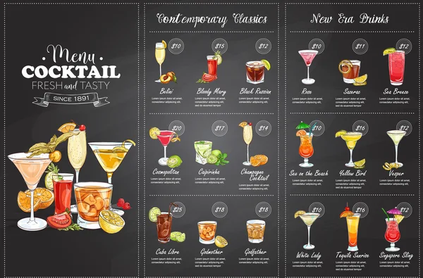 Vorderseite Zeichnung horisontal Cocktail Menü-Design — Stockvektor