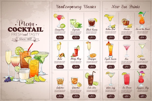 Menù cocktail orizzontale Front Drawing — Vettoriale Stock