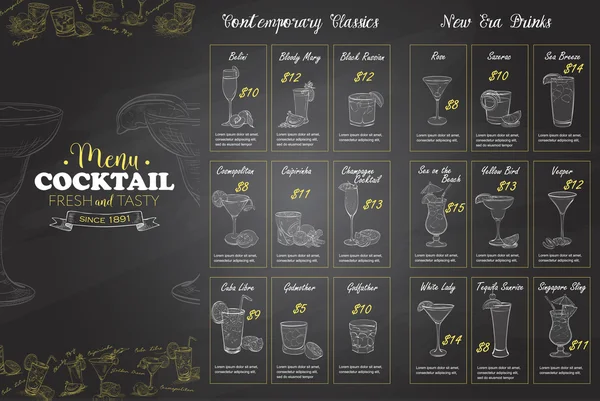 Design del menu cocktail orizzontale Front Drawing — Vettoriale Stock