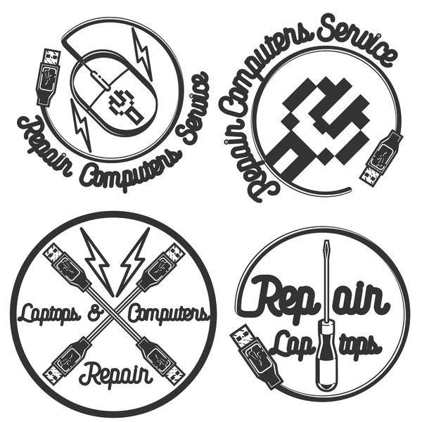 Ordinateurs de réparation vintage et emblèmes d'ordinateurs portables — Image vectorielle