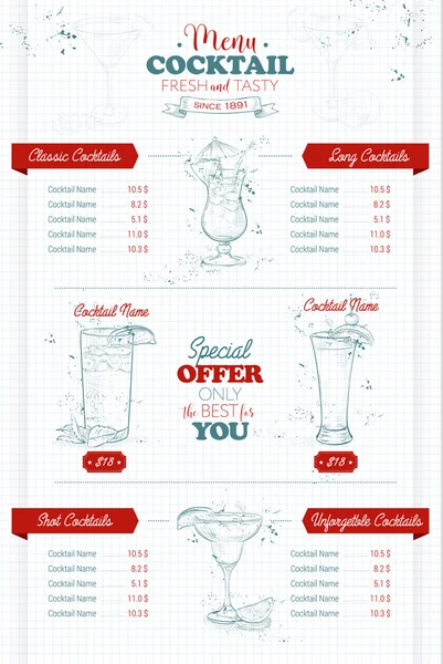 Dessin vertical design de menu cocktail — Image vectorielle