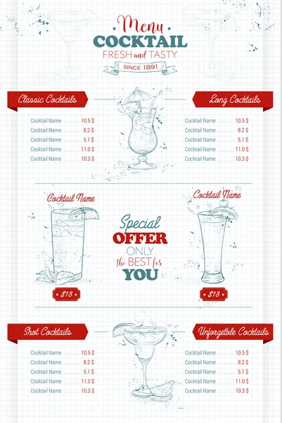 Disegno verticale cocktail menu design — Vettoriale Stock