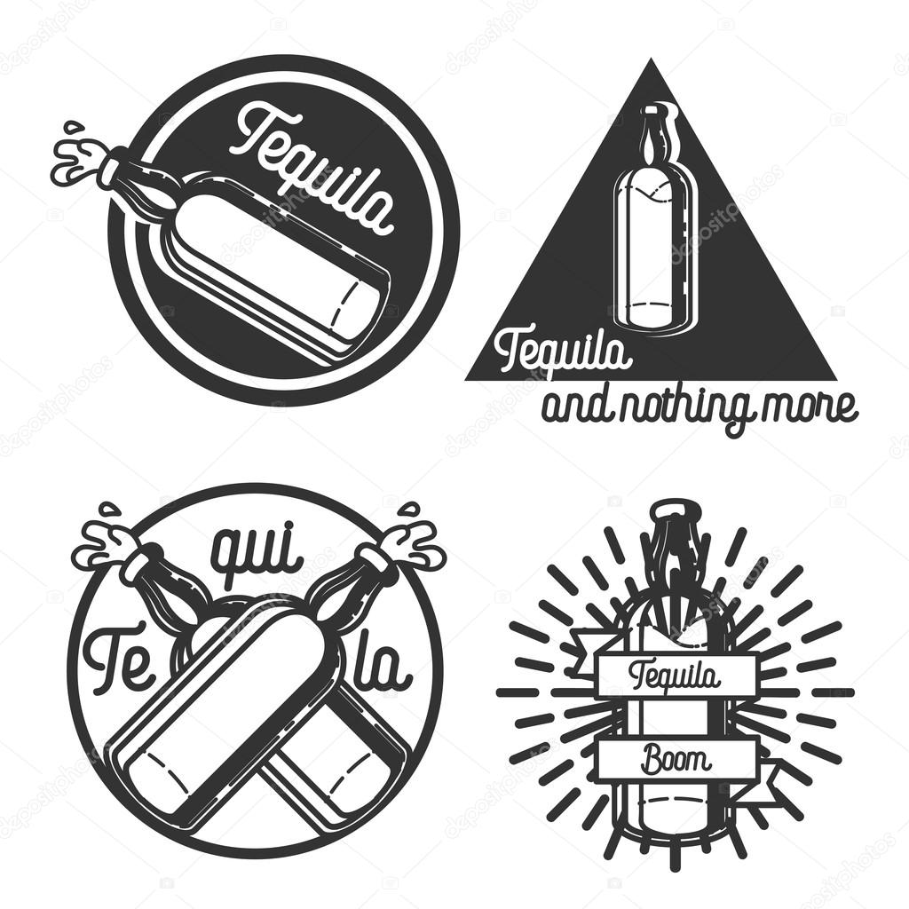Vector set of tequila labels in vintage style. Mexican alcohol drink, berida. Hand drawn menu design elements, icons, logo, emblems and badges isolated on white background.