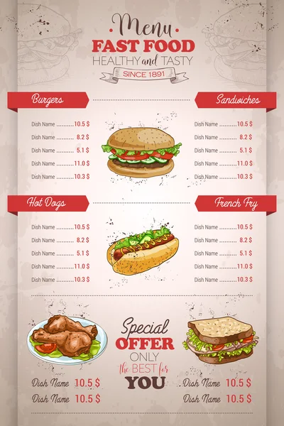 Dessin vertical couleur fast food menu design — Image vectorielle