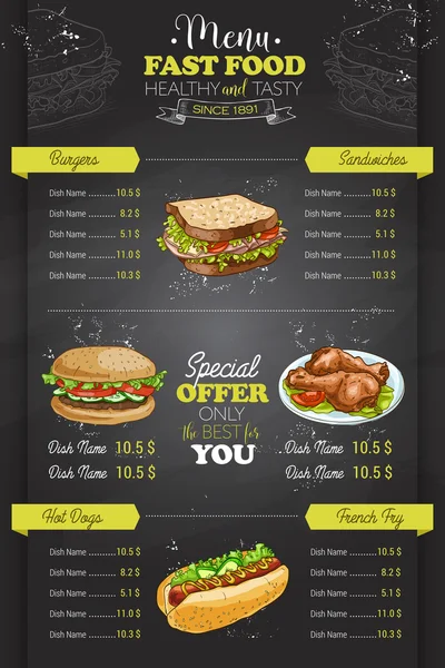 Kreslení svislé barva fast food menu design — Stockový vektor