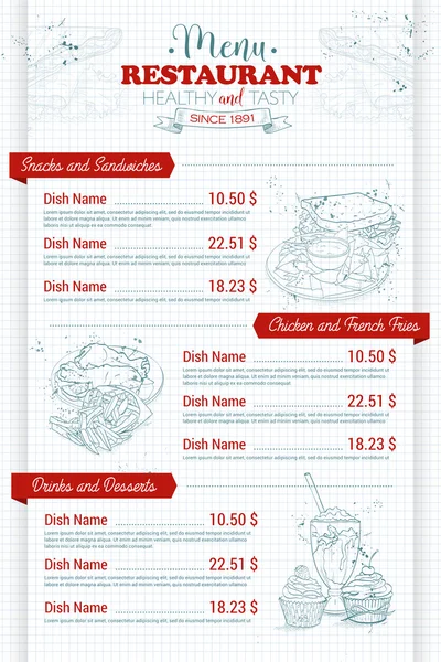 Ristorante menu scetch verticale — Vettoriale Stock