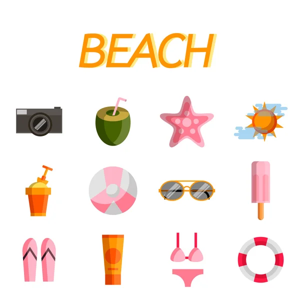 Spiaggia piatto icona set — Vettoriale Stock