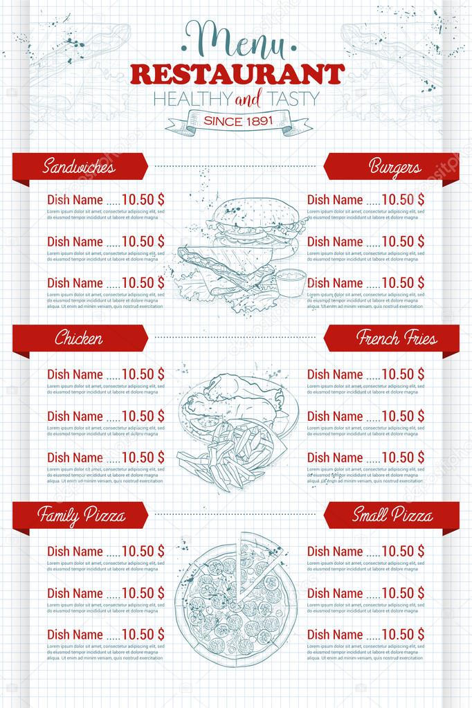Restaurant vertical scetch menu design on a notebook page