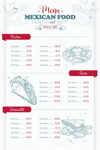 Disegno verticale scetch del menu di cibo messicano — Vettoriale Stock