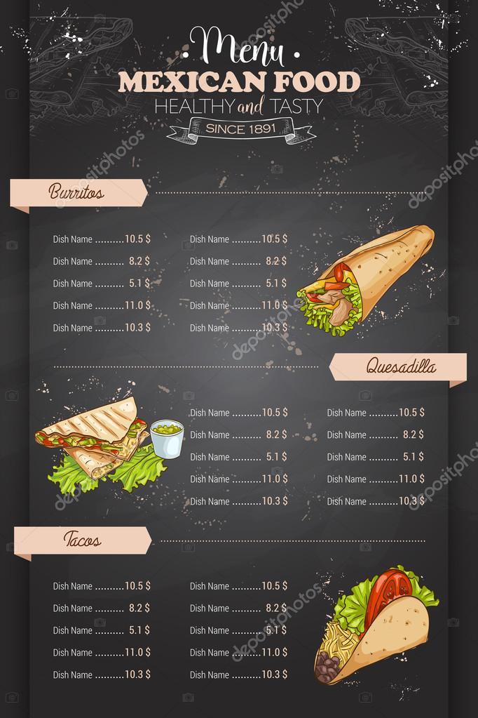 Drawing vertical color mexican food menu design on blackboard