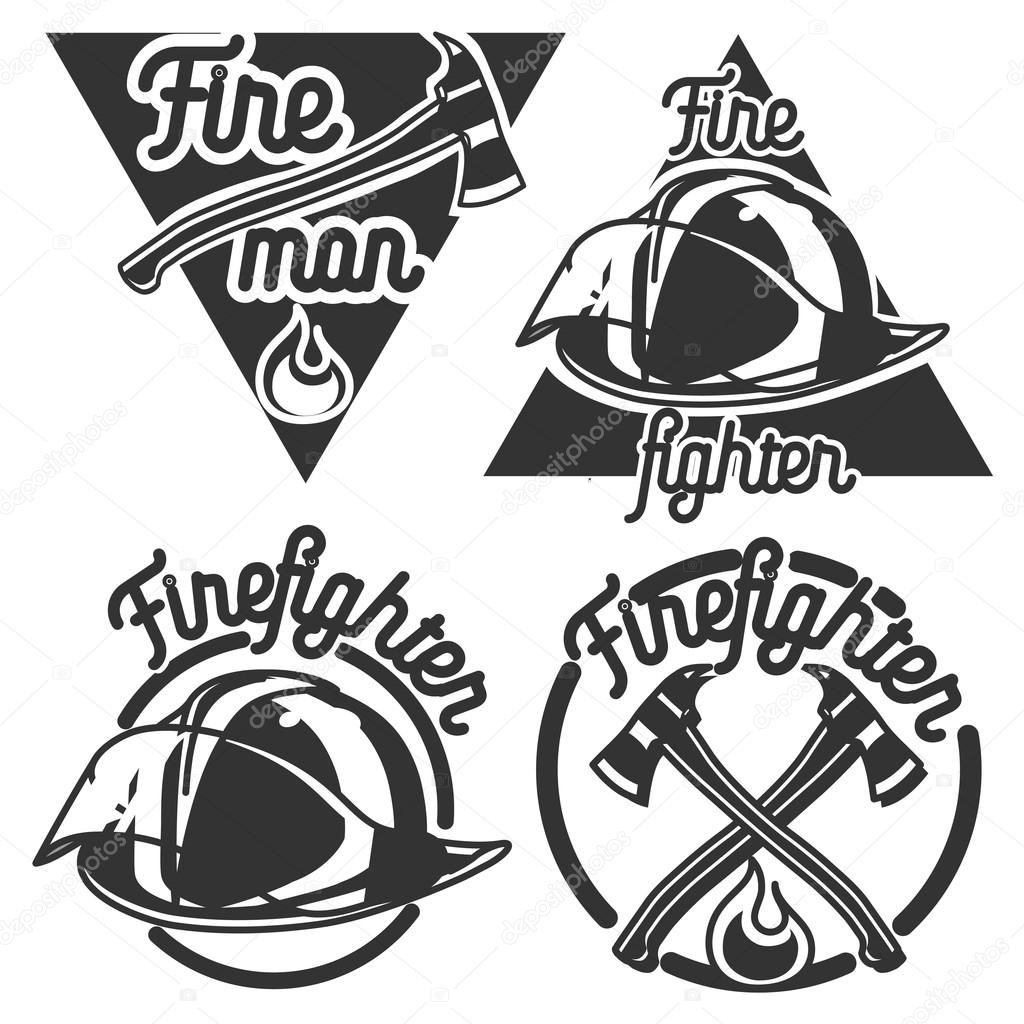 Set of vintage fireman emblems, labels, badges and logos on light background. Monochrome style.