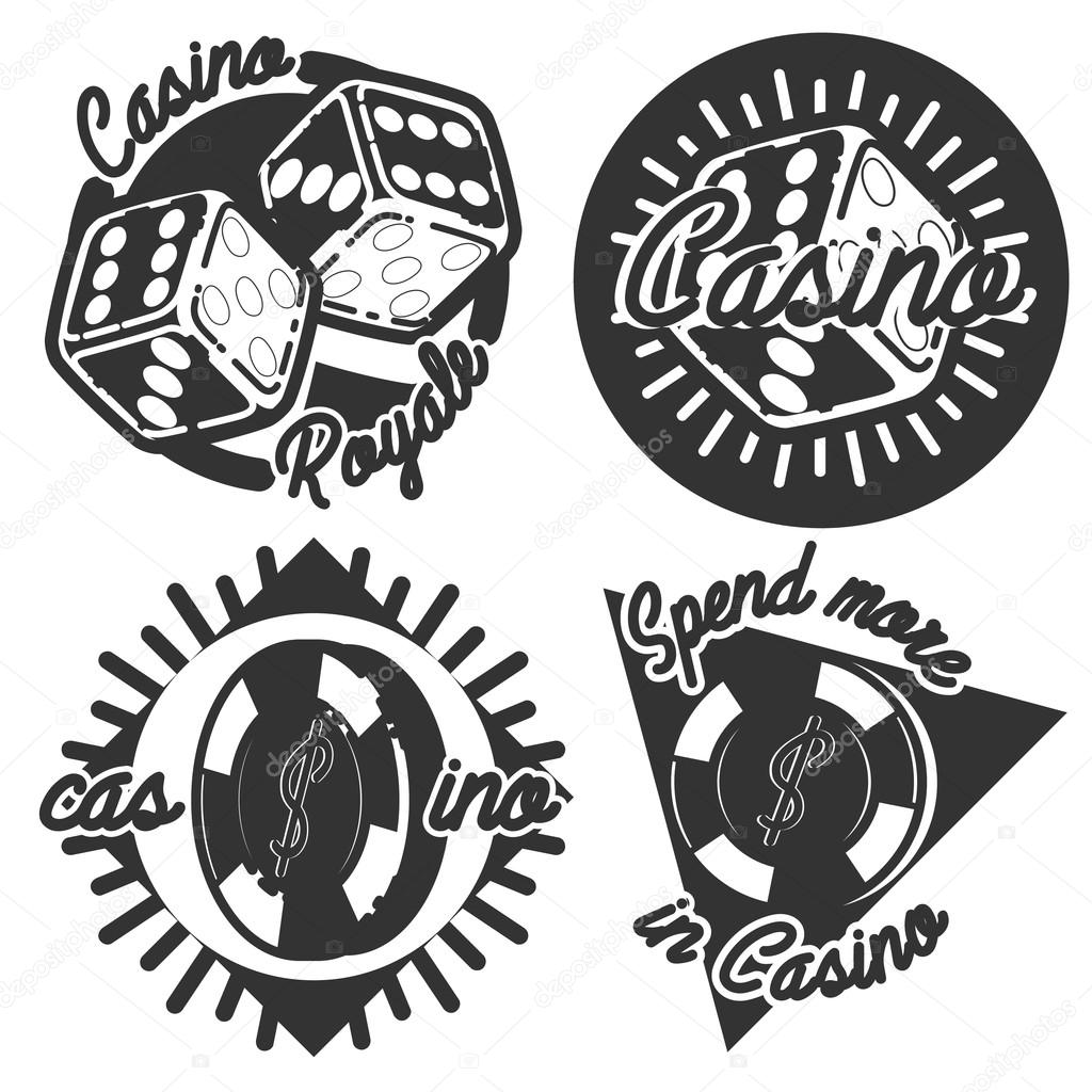 Vintage emblems, labels. Casino icons. Video game joystick and playing card with dice symbols. Entertainment signs. Design elements. Vector