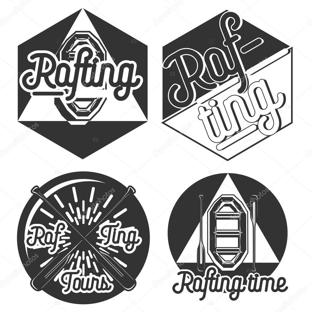 Vintage rafting, canoe and kayak vector labels, emblems and badges set. Canoe outdoor activity on river illustration