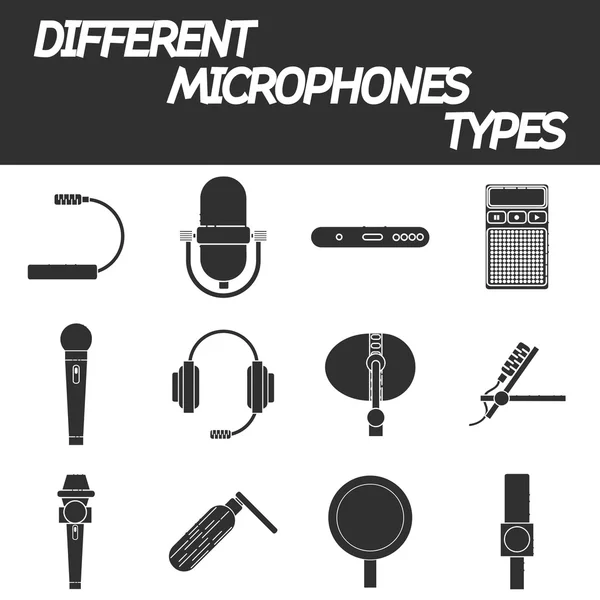 Diferentes tipos de micrófonos iconos conjunto — Vector de stock