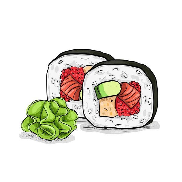 Vektor Sushi Farbskizze, Futomaki Rolle — Stockvektor