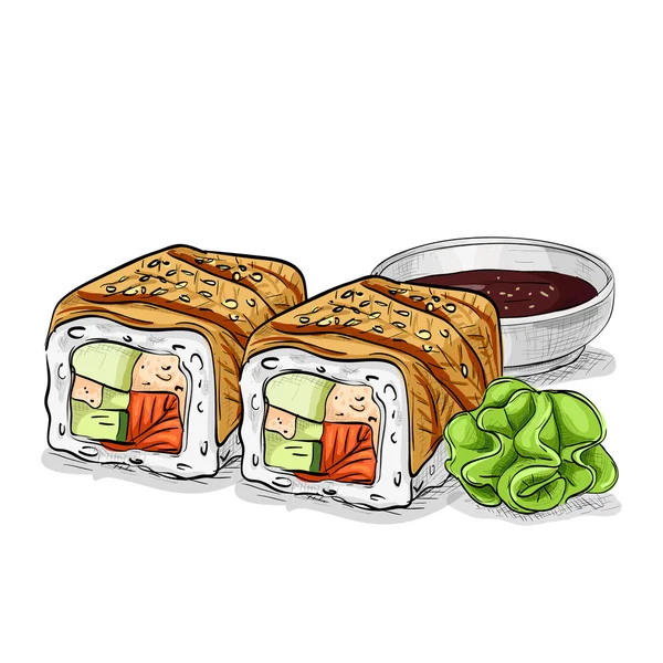 Vector sushi color sketch, Canada roll — Stock Vector