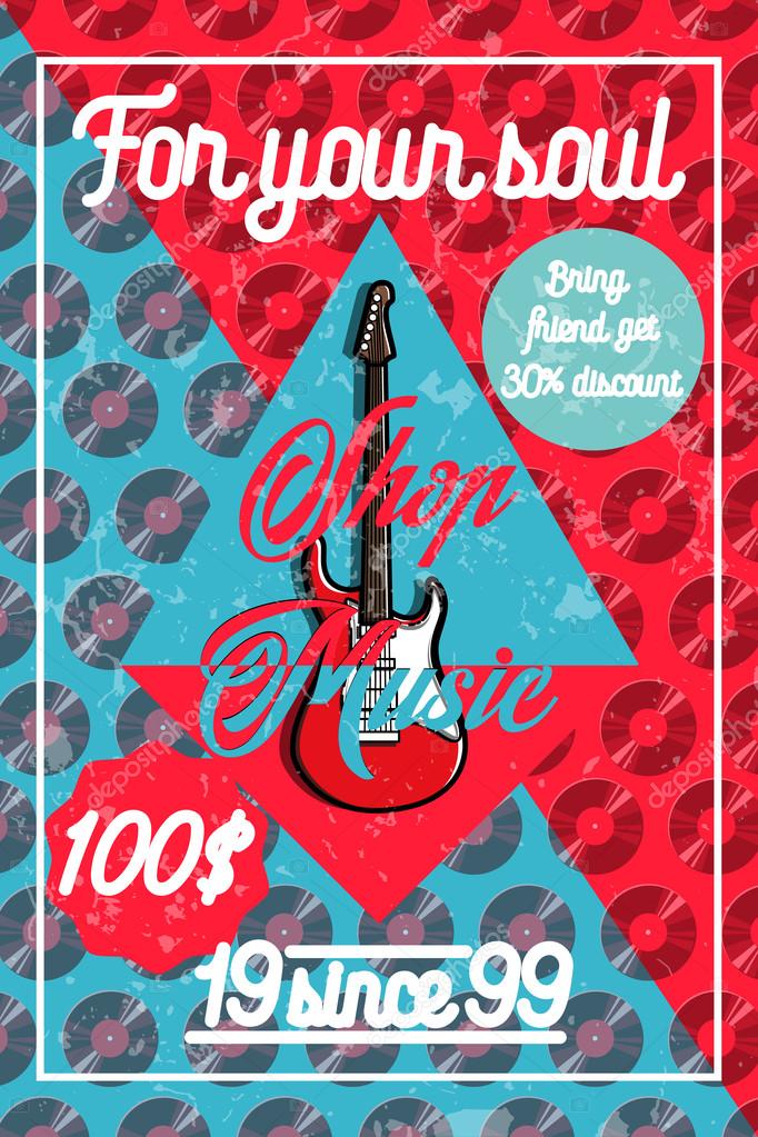 Color vintage music shop poster. For Music shop, recording studio, karaoke club. Design elements isolated on white background
