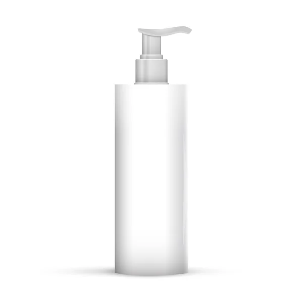 Bouteille blanche propre en plastique avec pompe distributrice. Gel douche, Liqu — Image vectorielle
