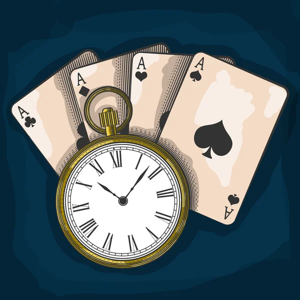 Reloj de bolsillo viejo y cartas de juego — Archivo Imágenes Vectoriales