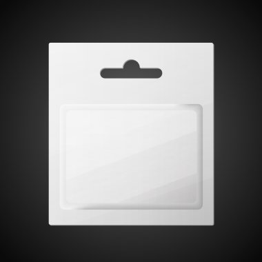 Plastik şeffaf Blister ile asmak yarık, ürün paketi. İllüstrasyon izole siyah arka plan üzerine