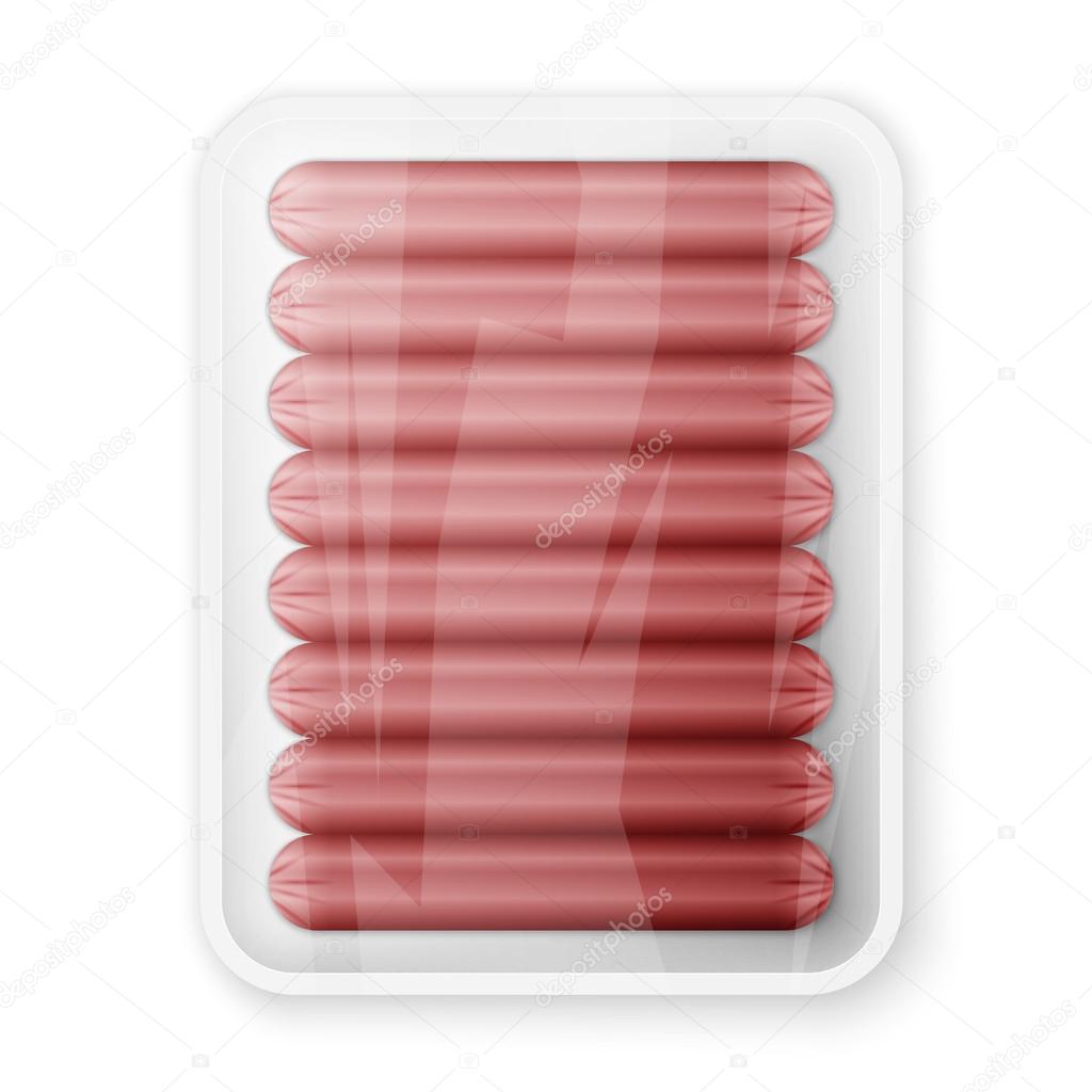 Pork sausages in a plastic packaging tray