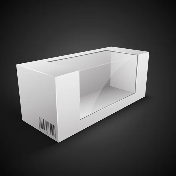 Ilustración de caja blanca aislada sobre fondo negro. Producto Vector de embalaje — Vector de stock