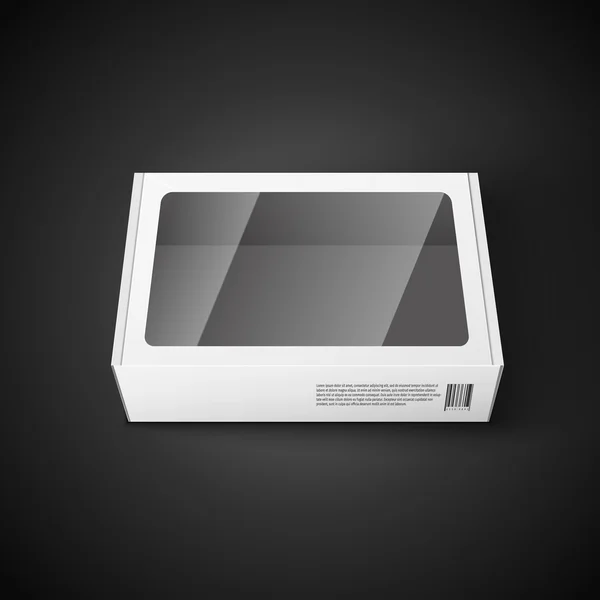 Illustrazione della scatola bianca del pacchetto isolata su sfondo nero. Vettore dell'imballaggio del prodotto — Vettoriale Stock