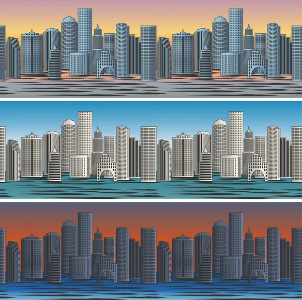 Skylines de la ciudad en la mañana, tarde y noche — Archivo Imágenes Vectoriales