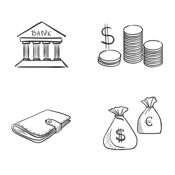 Mano dibujar doodle banco moneda dinero efectivo billetera — Vector de stock