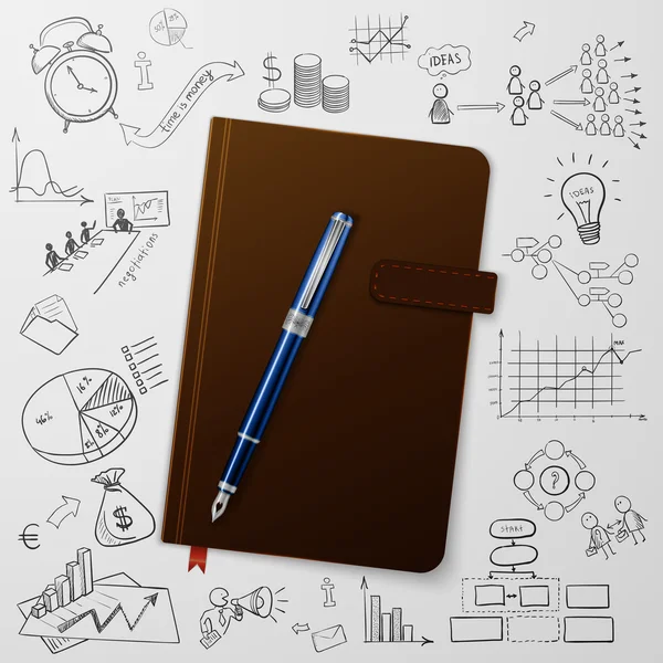 Notitieboekje met doodles lijntekening succes strategie plan idee — Stockvector