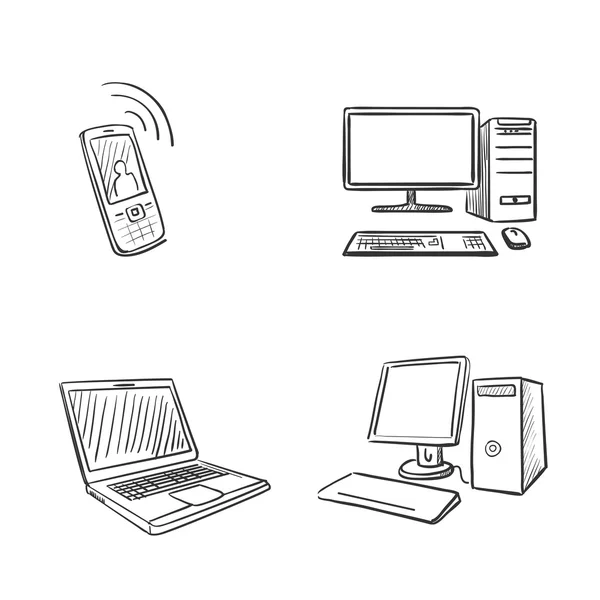 Mano dibujar doodle ordenador portátil y teléfono — Vector de stock