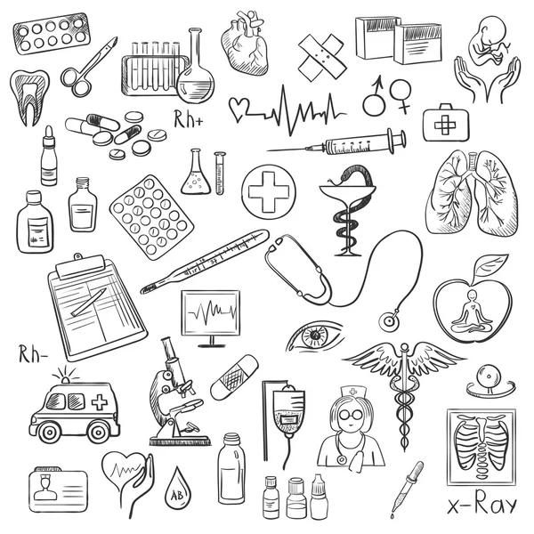 Assistenza sanitaria e medicina doodle — Vettoriale Stock