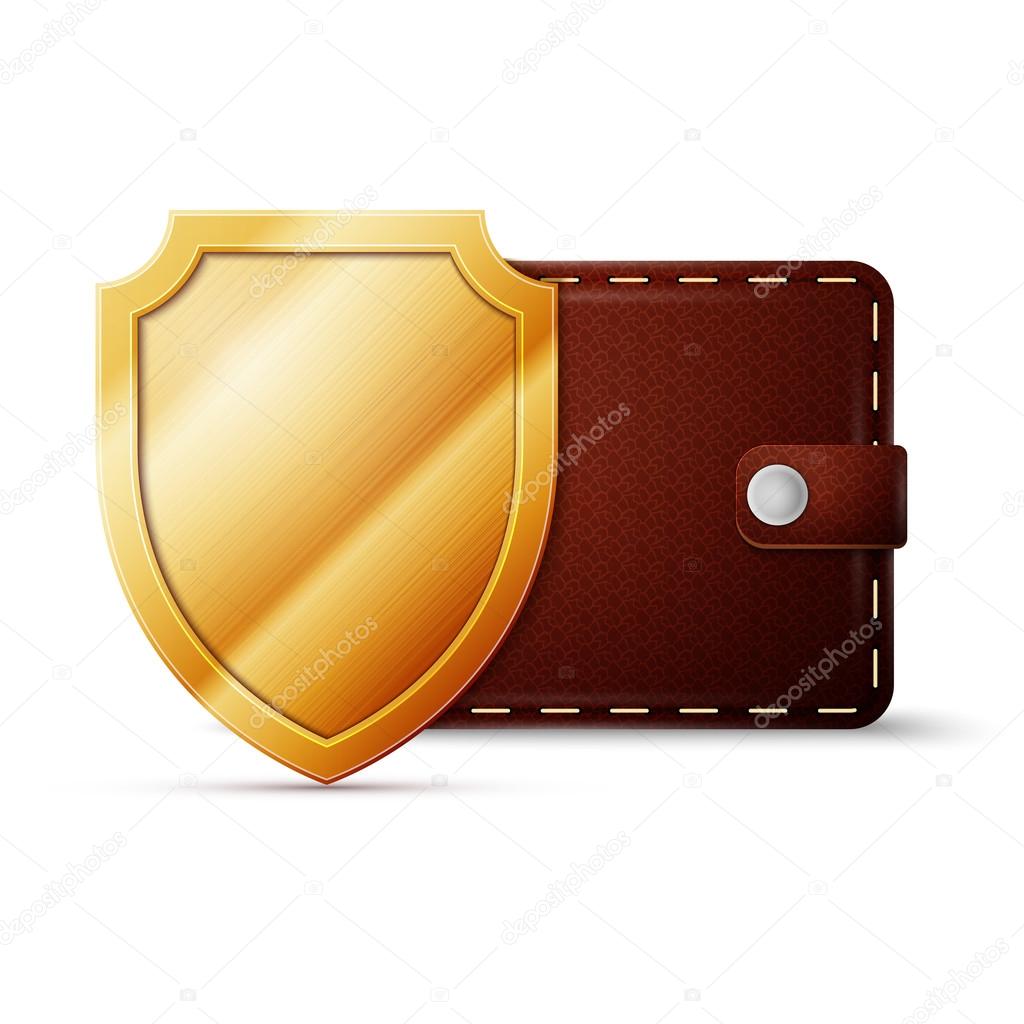 Brown Leather Wallet with shield. Money protection concept