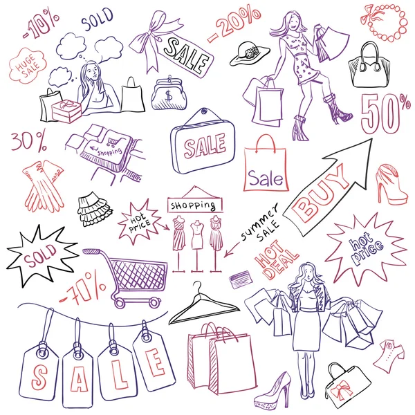 Venda de doodles de compras. estilo desenhado à mão — Vetor de Stock