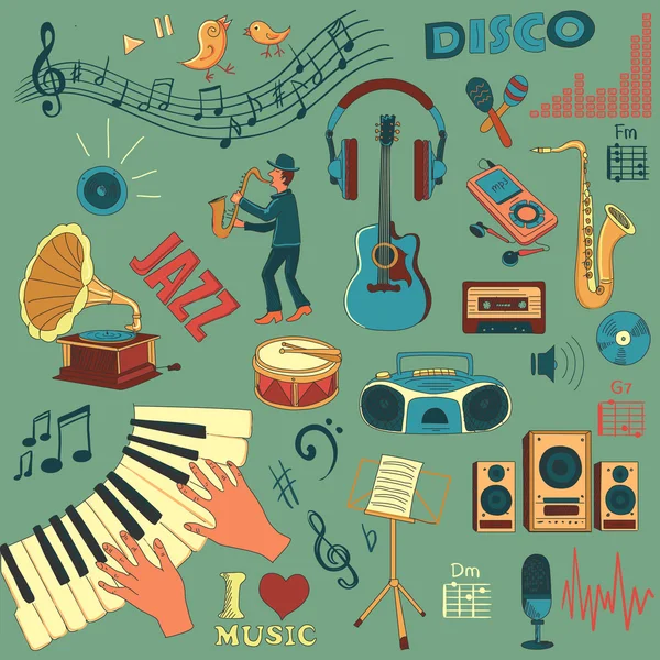 Color mano dibujar conjunto de iconos de música — Vector de stock