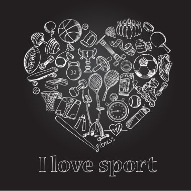 Spor, elle çizilmiş doodle kümesi seviyorum