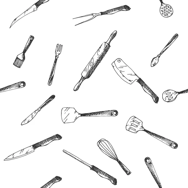 Disegnato a mano Utensili da cucina Set modello — Vettoriale Stock
