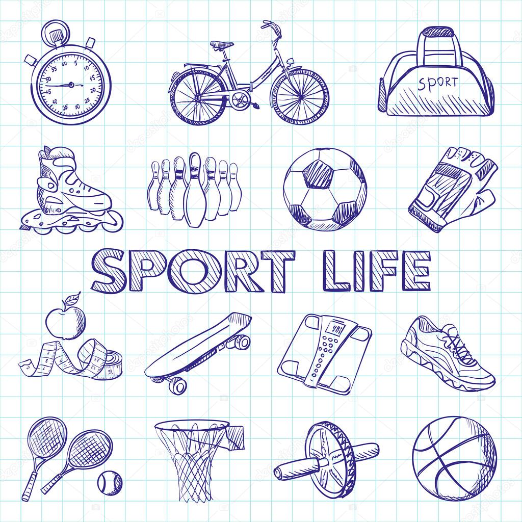 Icon set fitness, hand drawn style