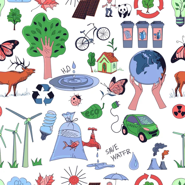 Χρωματιστά οικολογία και ανακύκλωσης doodle μοτίβο — Διανυσματικό Αρχείο