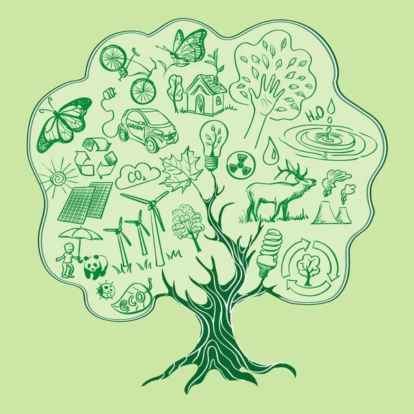 Albero formato da icone Ecologia. stile disegnato a mano — Vettoriale Stock