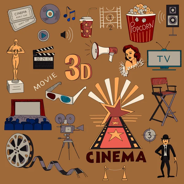 Conjunto de ícones de cinema desenhado à mão colorido — Vetor de Stock
