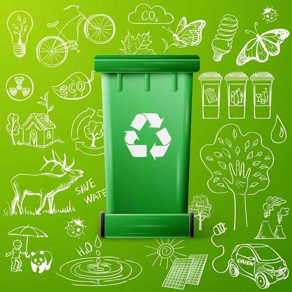 Papelera de reciclaje verde y ecología garabatos iconos — Vector de stock