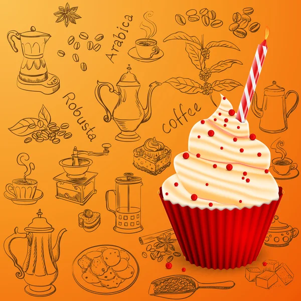 Hand drawn coffee collection with Birthday cake — Stockvector