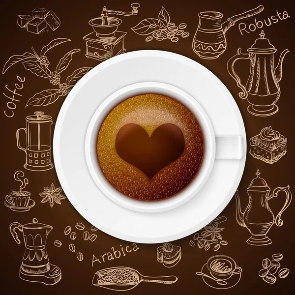 Set de café vintage dibujado a mano con taza de café — Vector de stock